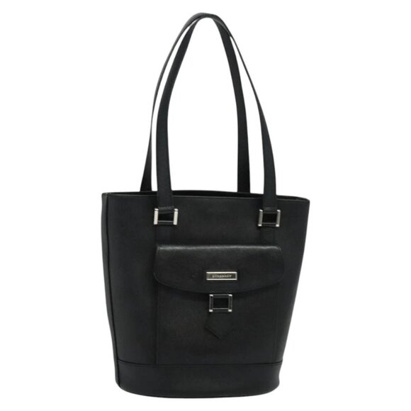 BURBERRY Tote Bag Leather Black Silver Auth - Picture 1 of 15